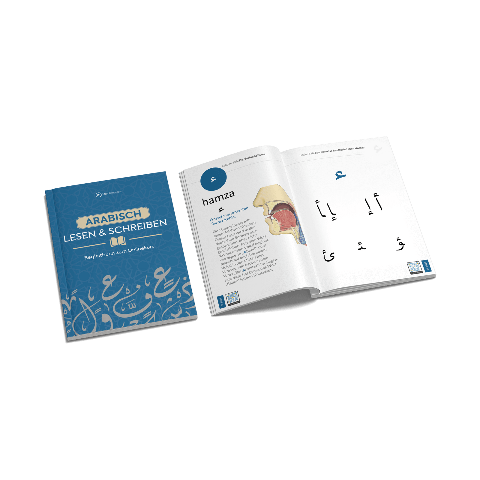 Arabisch Lesen und Schreiben Buch zum Arabisch lernen Frontansicht geöffnet und Blau