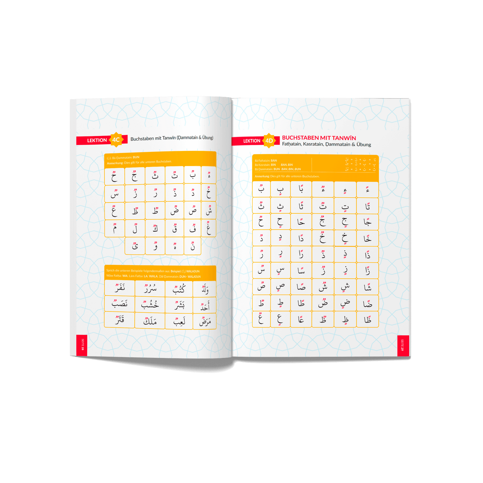 Quran Rezitation leicht gemacht - Lehrbuch zum Lesen und Rezitieren des Koran, geöffnet, Buchstaben mit Tanwin