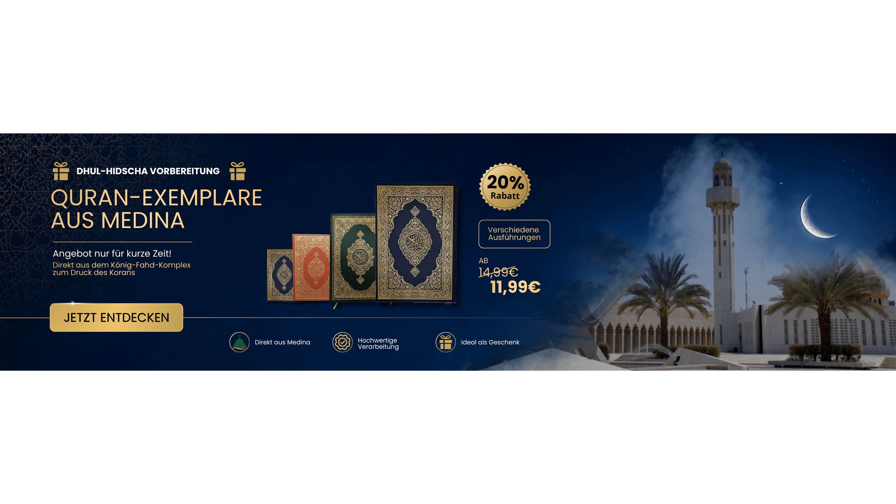 Shop-Header für Medina Koran-Ausgaben mit 20% Preisnachlass. Panorama-Ansicht von hochwertigen Koranen in verschiedenen Farben vor einer abendlichen Kulisse mit Minarett und Mondsichel.