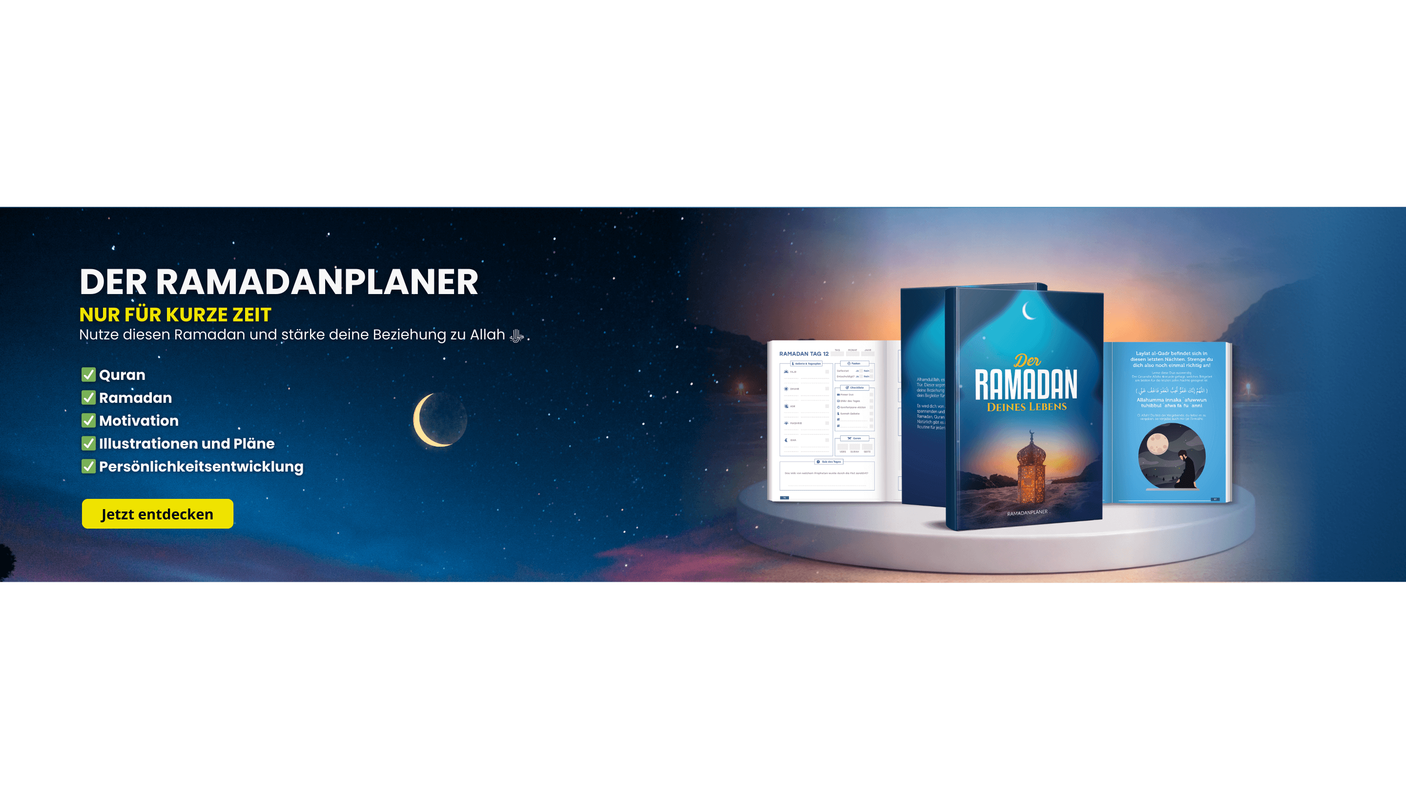 Ramadanplaner 2026 Desktopansicht „Der Ramadan Deines Lebens“ mit Inhalten zu Persönlichkeitsentwicklung und Quran von Islamicmentors