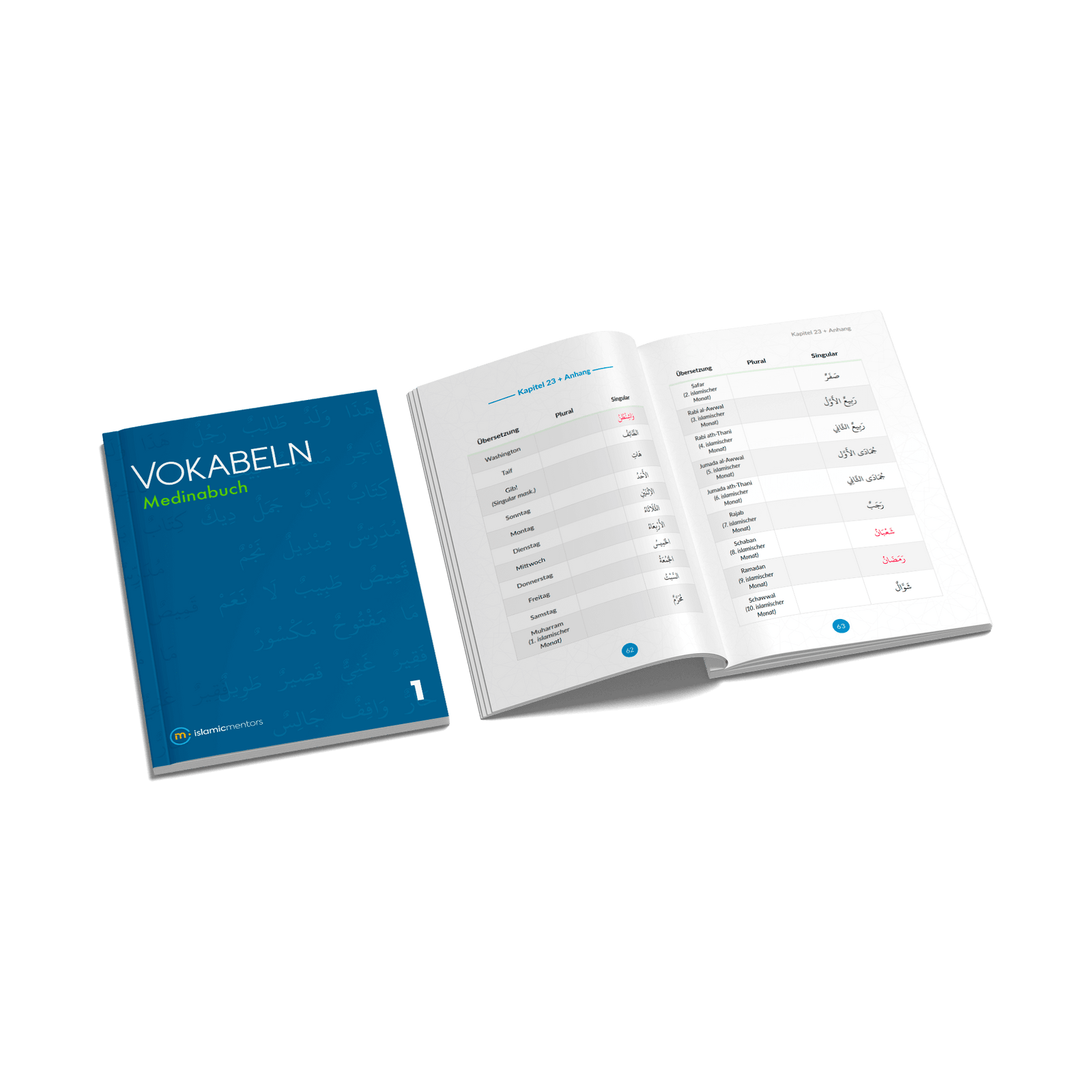 Vokabelbuch A1 Arabisch Vokabeln lernen – erstes Medinabuch, blaues A5-Softcover. Geöffnet