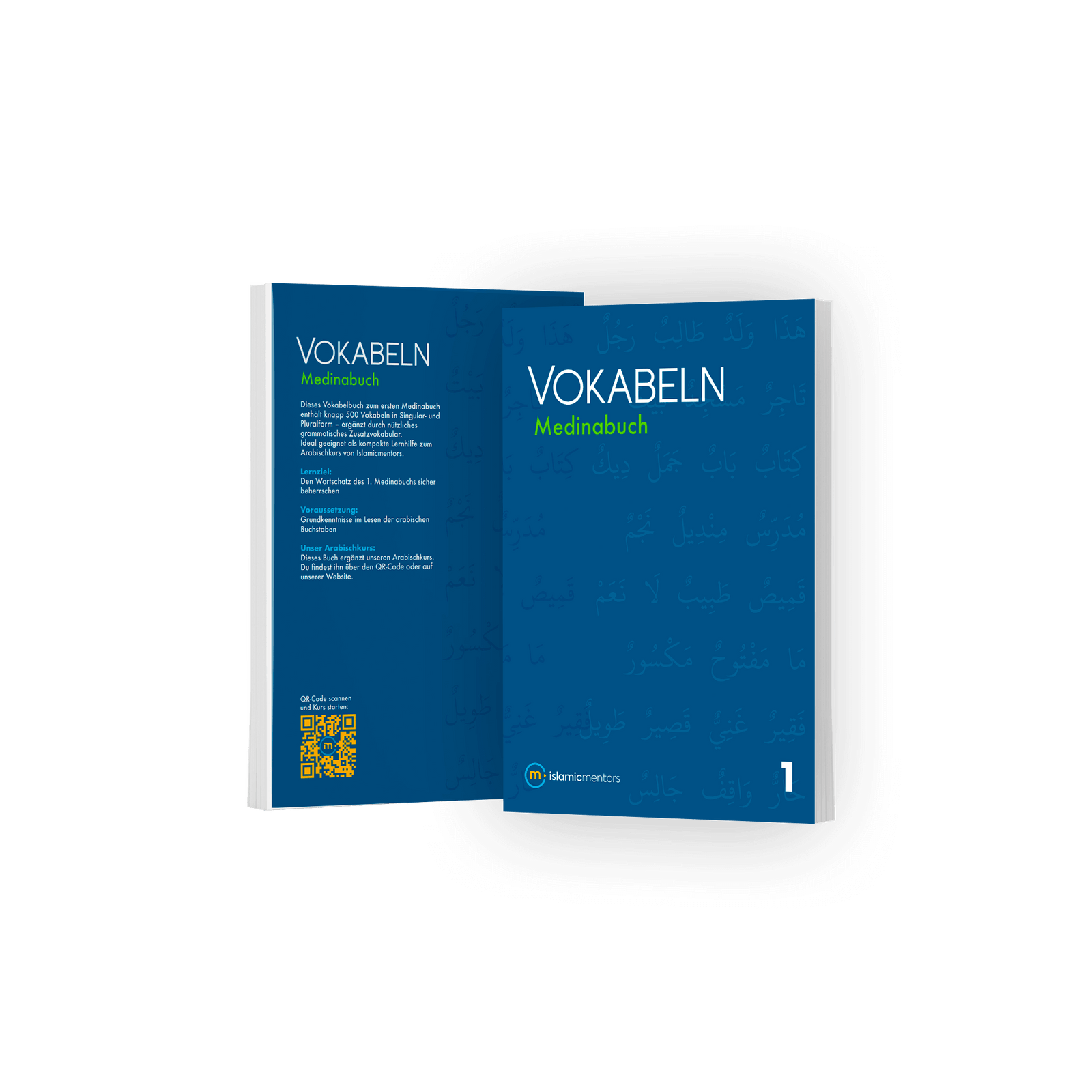 Vokabelbuch A1 Arabisch Vokabeln lernen – erstes Medinabuch, blaues A5-Softcover. Front- und Rückseite