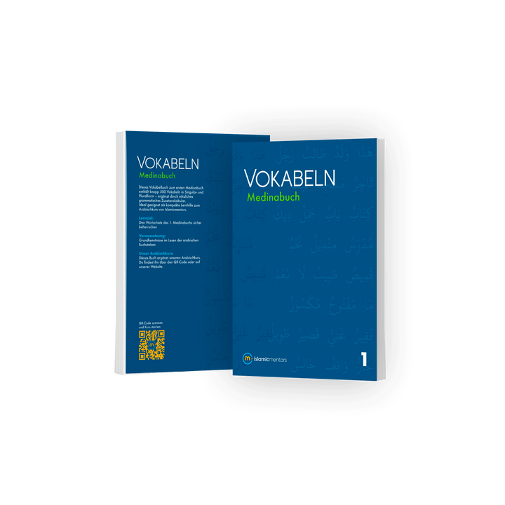 Vokabelbuch A1 Arabisch Vokabeln lernen – erstes Medinabuch, blaues A5-Softcover. Front- und Rückseite