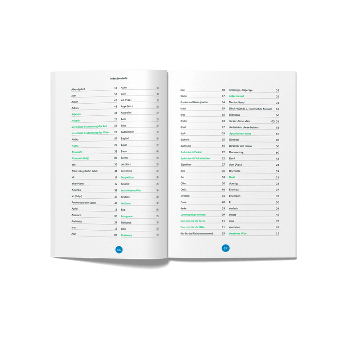 Vokabelbuch A1 Arabisch Vokabeln lernen – erstes Medinabuch, blaues A5-Softcover. Geöffnet, Index.