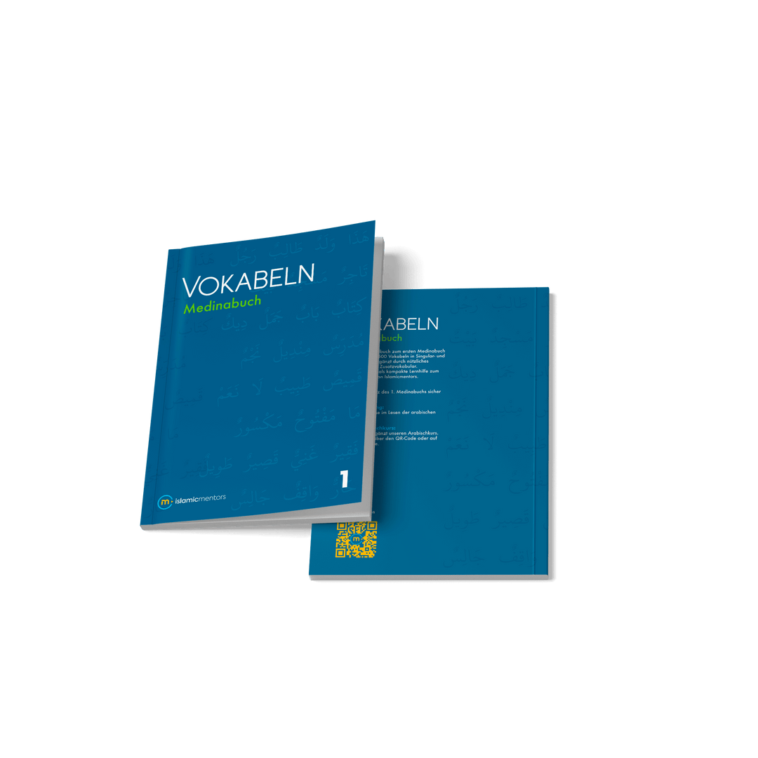 Vokabelbuch A1 Arabisch Vokabeln lernen – erstes Medinabuch, blaues A5-Softcover. Front- und Rückseite 2